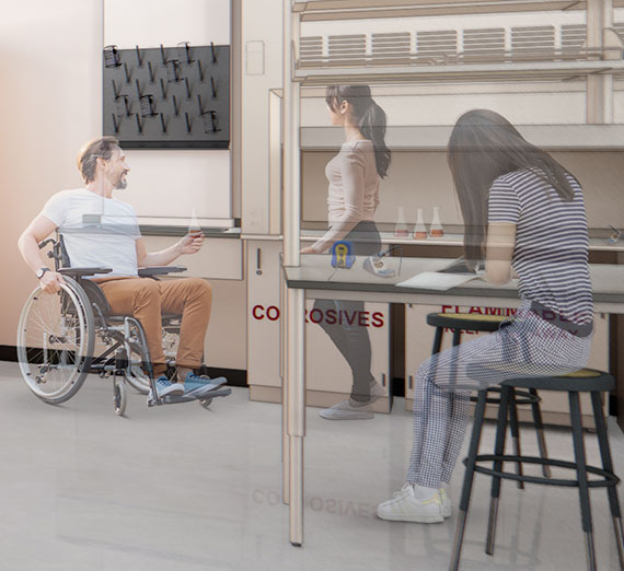 Two people study a plant in a greenhouse.